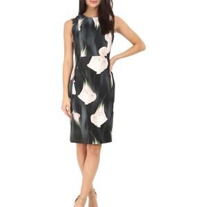 Calvin Klein Black Green Floral Lily Print Bodycon Dress US 6 Poly Spandex Glam